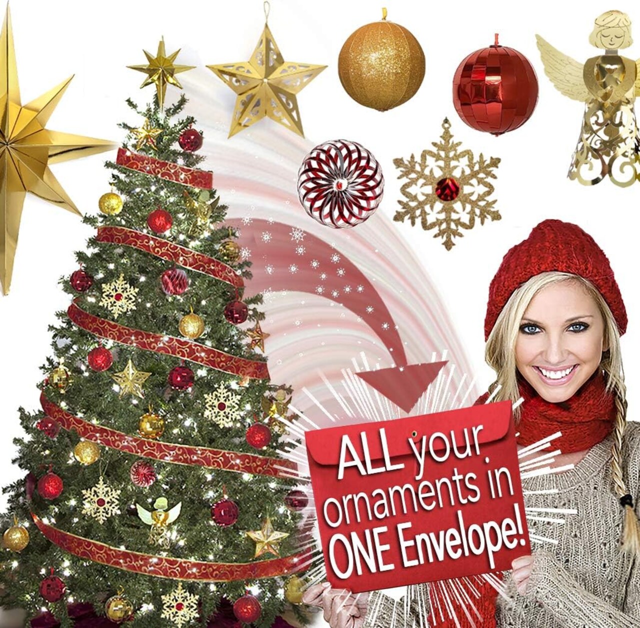 Pop-up Christmas Ornaments Set 41 ct; COLLAPSIBLE Xmas Tree Kit, Red & Gold